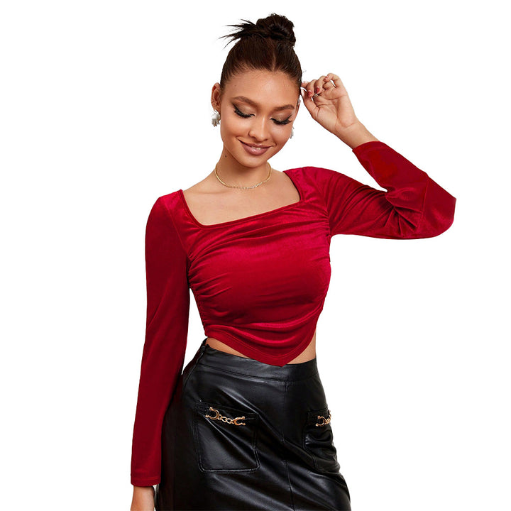 Damen Samt-Cropped-Top mit quadratischem Ausschnitt, seitlicher Raffung und Glockenärmeln – Avérine