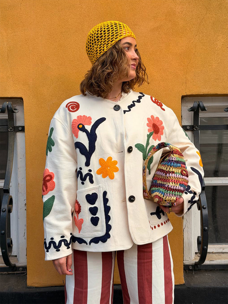 Damen bestickte Boxy-Jacke mit floraler Applikation und aufgesetzten Taschen Echoarchiv