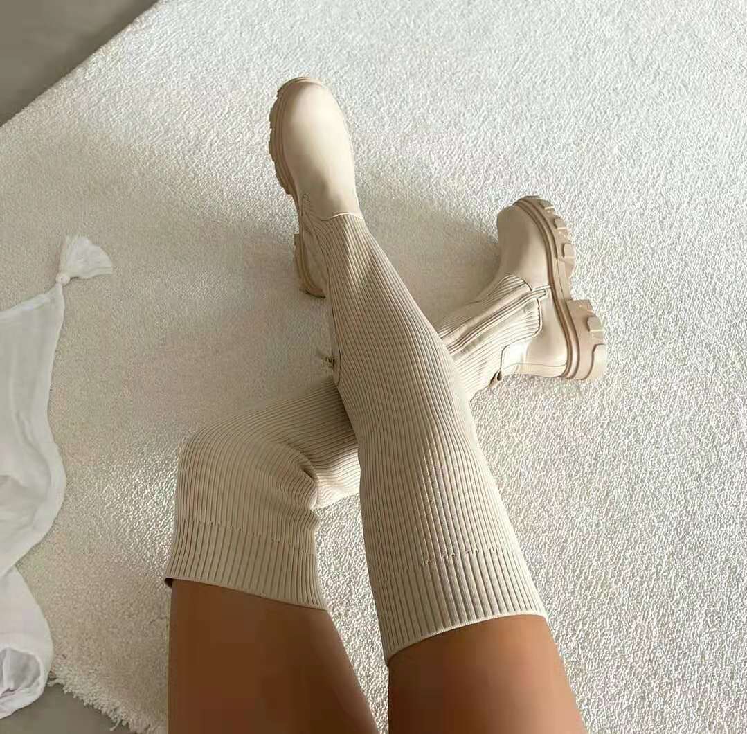 Damen knielange Strickschaft-Chelsea-Boots mit kontrastfarbiger Profilsohle – Lioré
