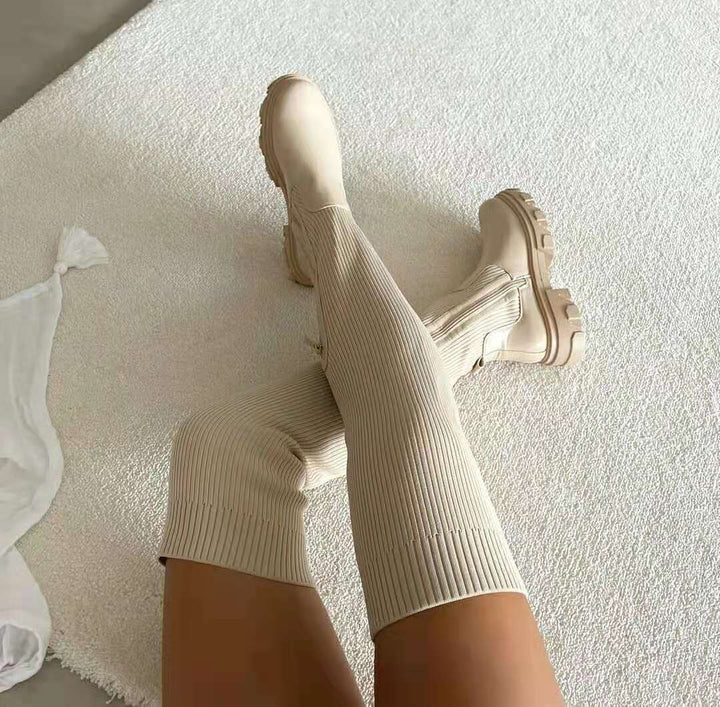 Damen knielange Strickschaft-Chelsea-Boots mit kontrastfarbiger Profilsohle – Lioré