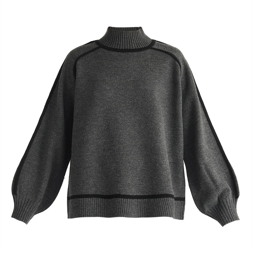 Damen Rollkragen-Feinstrickpullover mit kontrast-Keder und weitem Relax-Fit – Mavelle