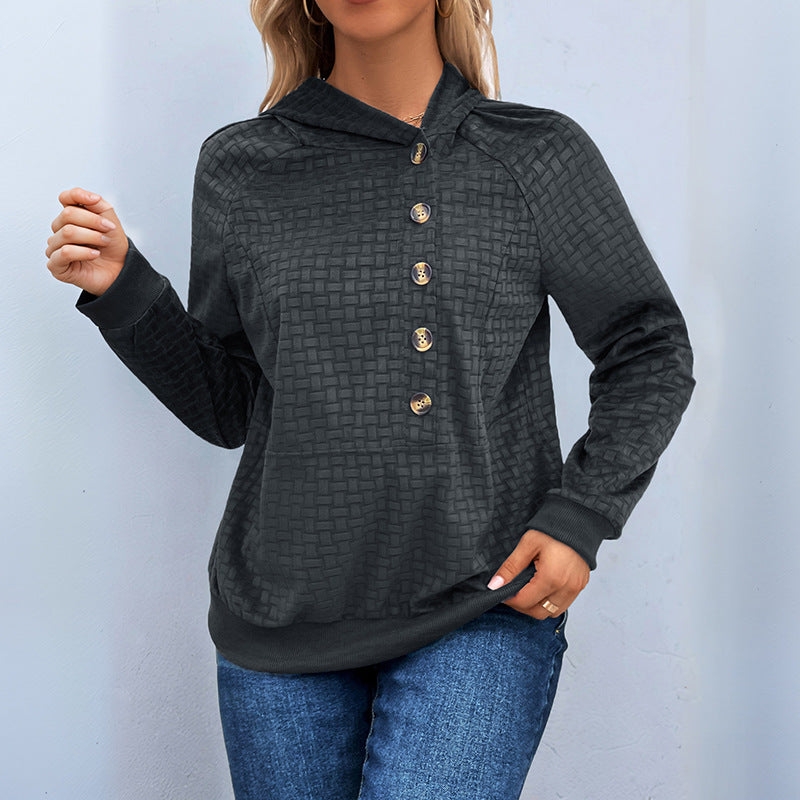 Damen Texturiertes Kapuzen-Henley-Pullover mit Knopfleiste und Kängurutasche Echoarchiv