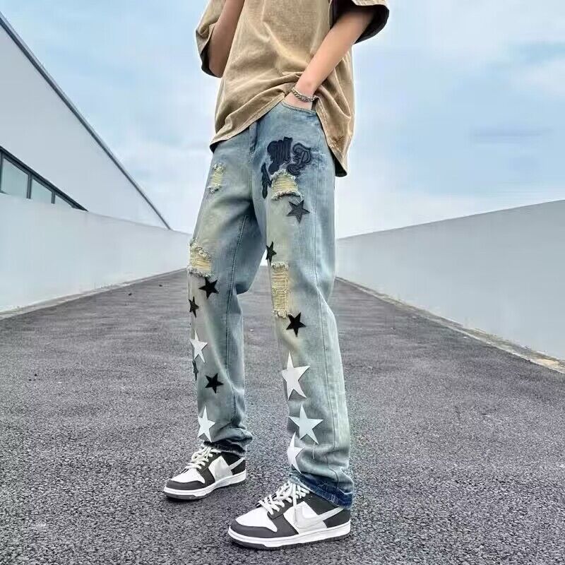 Herren Lässige Distressed Jeans mit Sternenapplikationen Echoarchiv