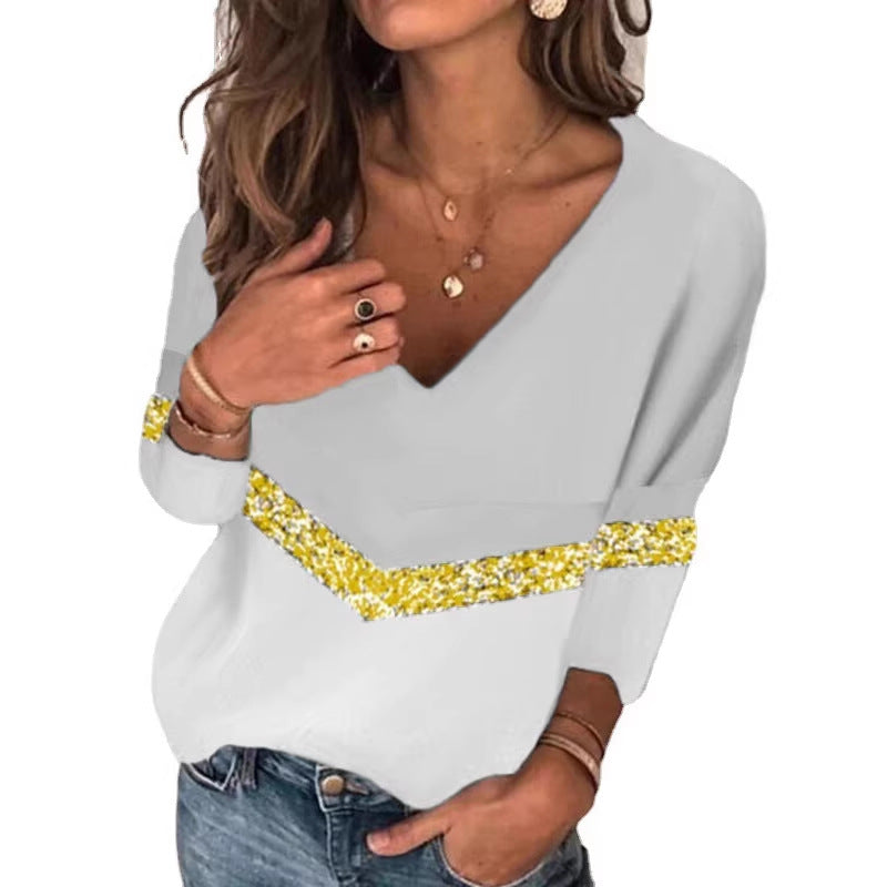 Damen Stylischer V-Ausschnitt Feinstrickpullover mit Glitzerband und Colorblock-Einsatz Echoarchiv