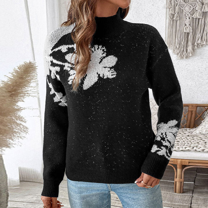 Damen Floraler Intarsia-Strickpullover mit Stehkragen und lockerer Silhouette Echoarchiv