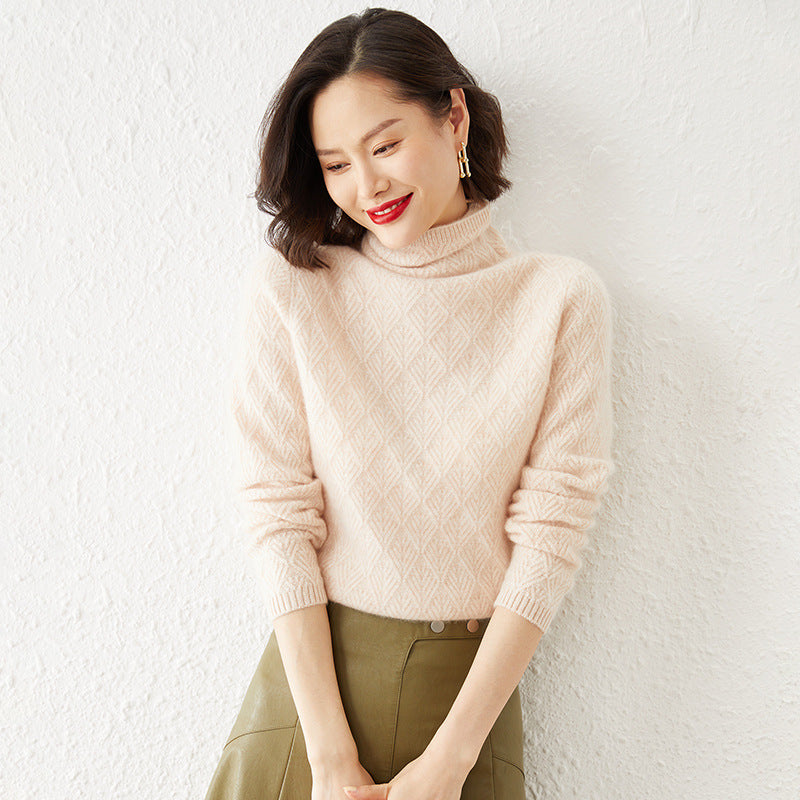 Damen Luxuriöser Mohair‑Mix Rollkragenpullover mit diamantgewEchoarchivter Ajourstruktur Echoarchiv