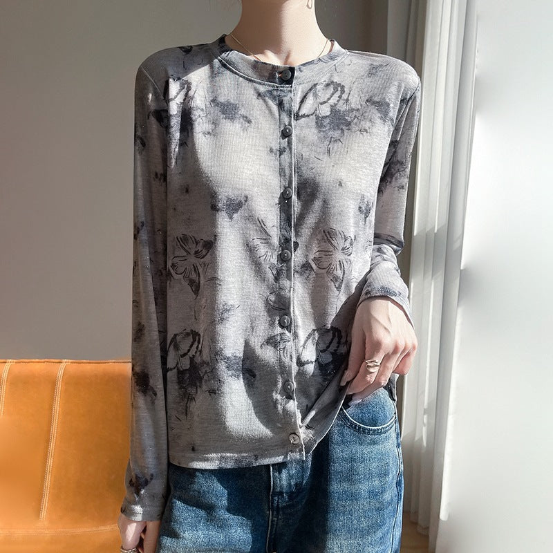 Damen Leichter Aquarell‑Print Feinstrick‑Cardigan mit Rundhalsausschnitt und Knopfleiste Echoarchiv