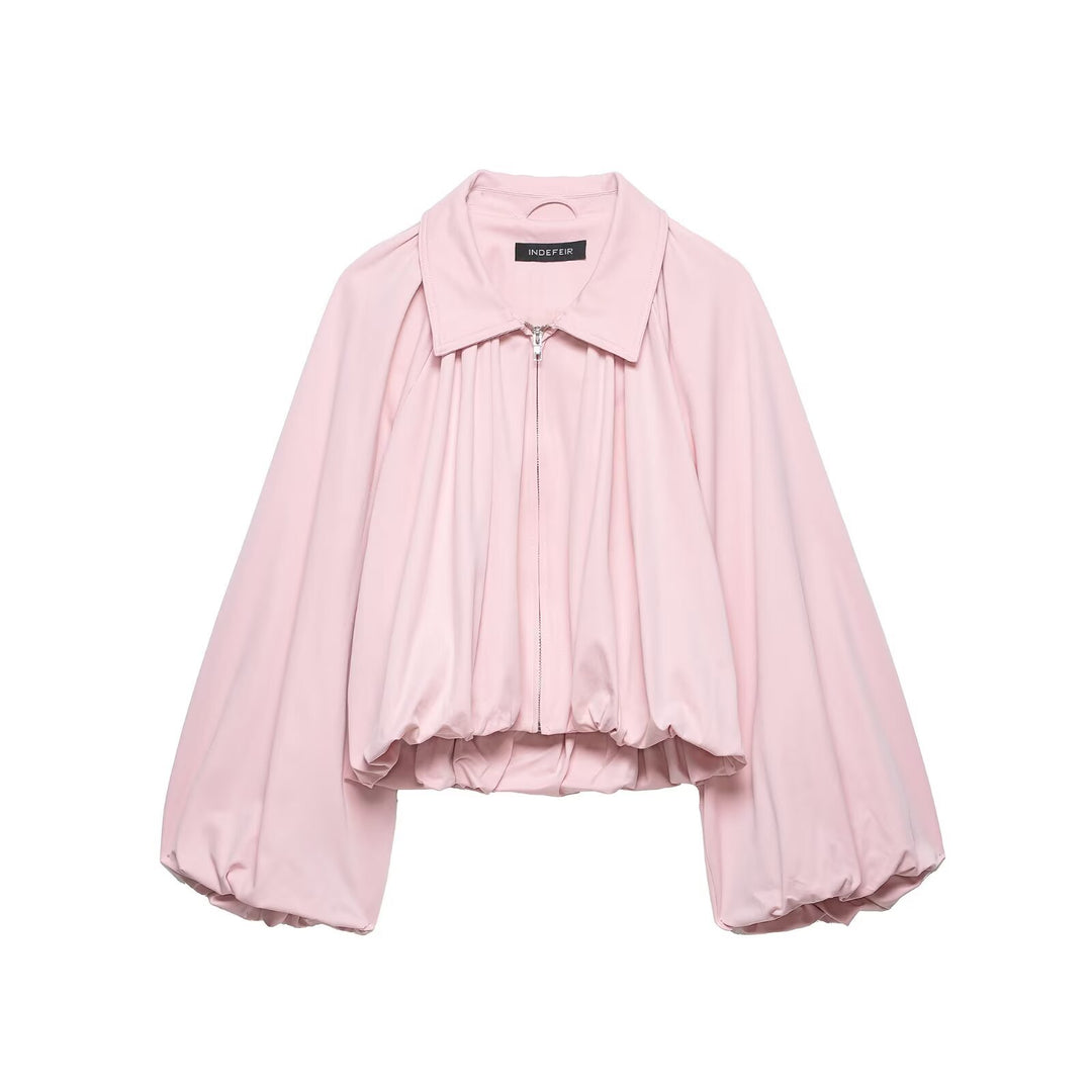 Damen Cropped-Blouson mit Ballonärmeln, Hemdkragen und elastischem Saum Echoarchiv