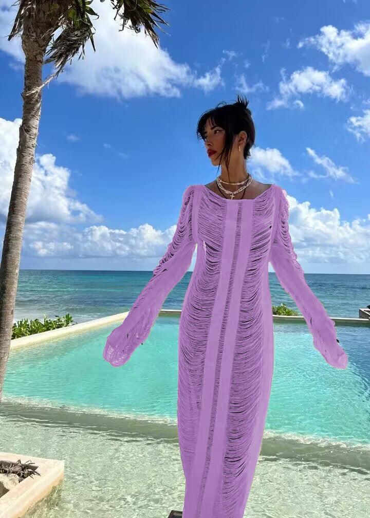 Damen elegantes Strandkleid mit raffinierten Fransen und transparenten Elementen Echo Archiv