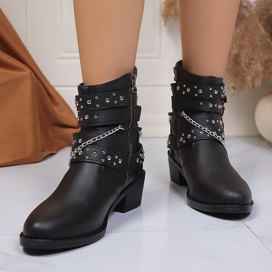 Damen Nietenbesetzte Stiefelette mit Ketten‑ und Schnallen‑Details – Varelle