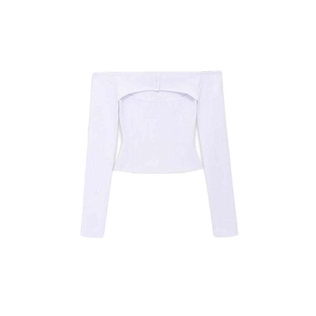 Damen Figurbetontes Off-Shoulder-Langarmtop mit integriertem Bolero und Feinstrick-Rippstruktur Echoarchiv