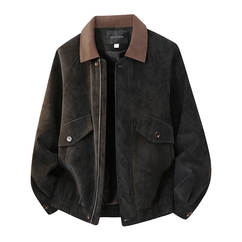 Herren Kurzjacke im Vintage-Arbeiterstil aus Velours‑Optik mit Pattentaschen und elastischem Saum Echoarchiv