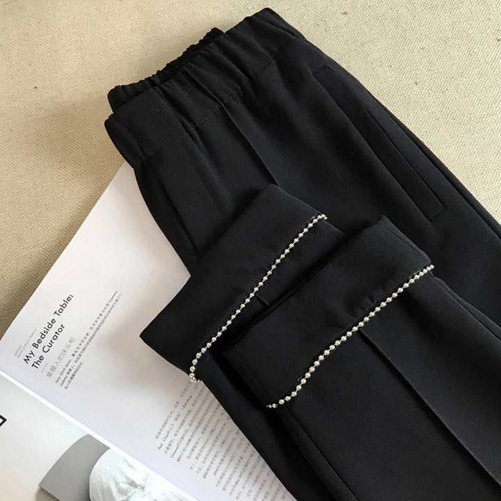 Damen Hochtaillierte Bundfaltenhose mit elastischem Bund und perlenbesetztem Saum Echo Archiv