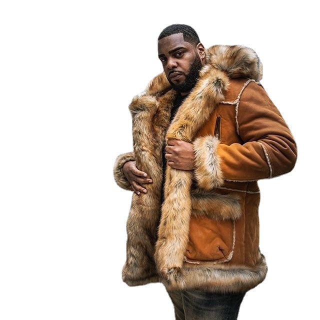 Herren Lammfelljacke mit luxuriösem Kunstfellkragen und stabilen Nähten Echoarchiv