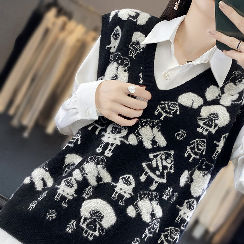 Damen Oversize-Strickweste mit V‑Ausschnitt und verspieltem Jacquard‑Motiv Echoarchiv