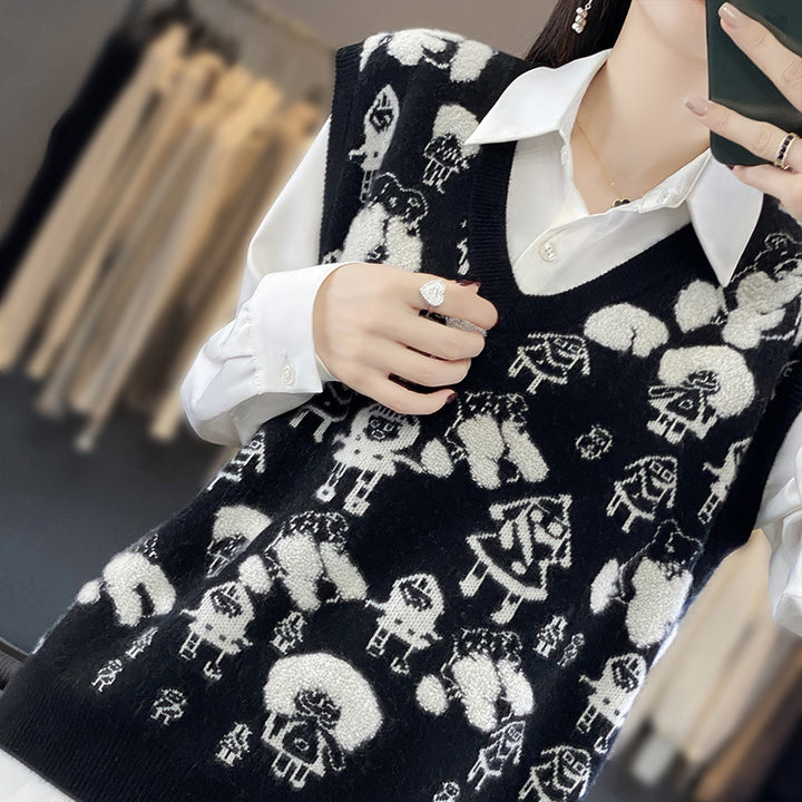 Damen Oversize-Strickweste mit V‑Ausschnitt und verspieltem Jacquard‑Motiv Echoarchiv