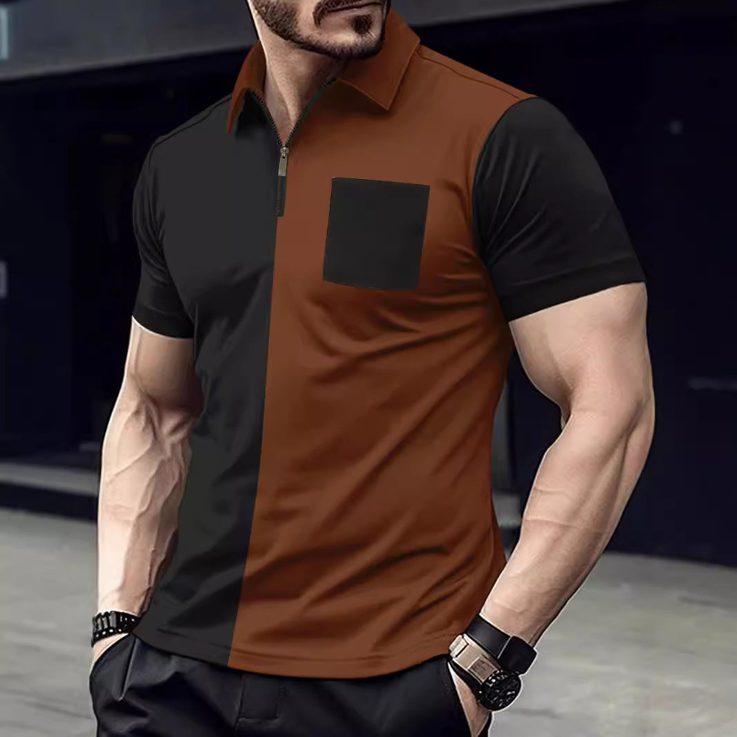 Herren modernes Kurzarmshirt mit Reißverschluss und kontrastierenden Farbschnitten Echoarchiv