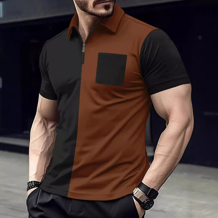 Herren modernes Kurzarmshirt mit Reißverschluss und kontrastierenden Farbschnitten Echoarchiv