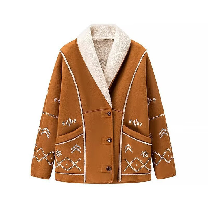 Damen Kurze Velourslederjacke mit Teddyfutter und Zierstickerei Echo Archiv