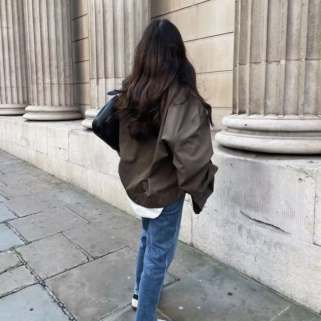 Unisex leichter Oversize-Bomber mit durchgehendem Metallreißverschluss geripptem Kragen und elastischem Saum – Brevano