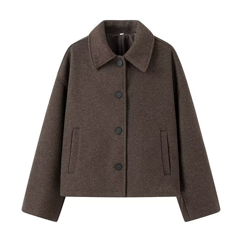 Damen kurz geschnittene Wollmix Kastenjacke mit Hemdkragen, Leistentaschen und weichem Futter – Célinea
