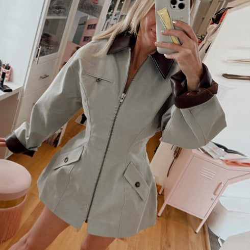 Damen Oversize-Jacke aus Lederoptik mit kontrastierendem Hemdkragen und Reißverschluss Echo Archiv
