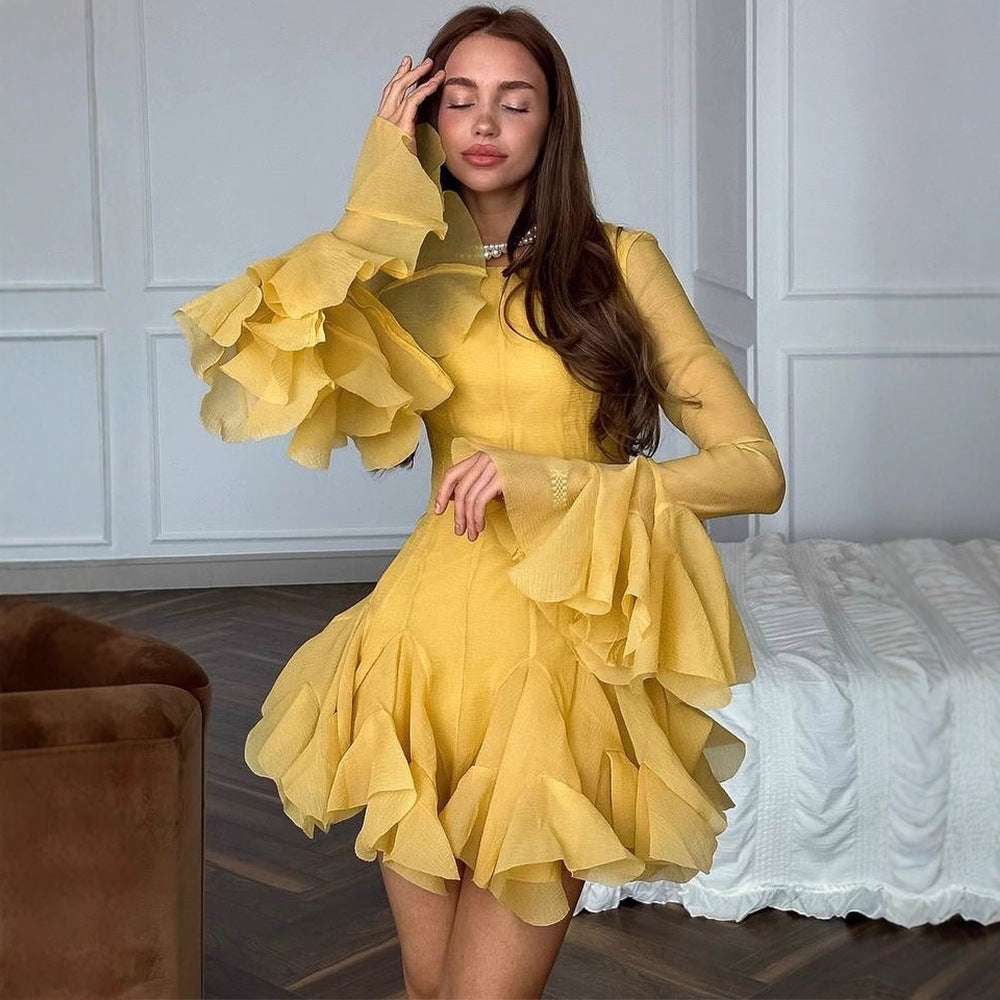 Damen Rüschen‑Chiffon‑Minikleid mit Volants und transparenten Ärmeln Echoarchiv