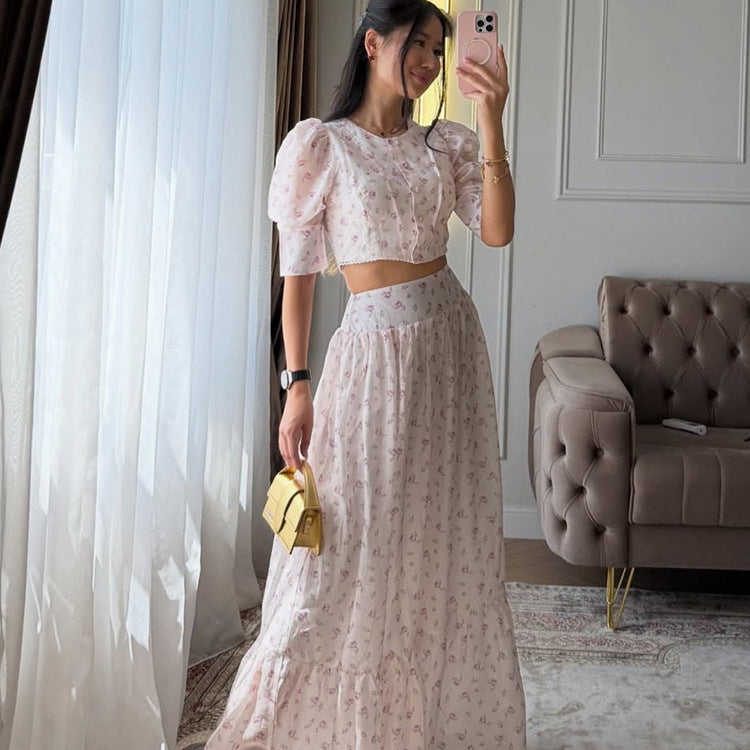 Damen Zweiteiliges Chiffon-Set mit Cropped-Puffbluse und Stufen-Maxirock Echoarchiv