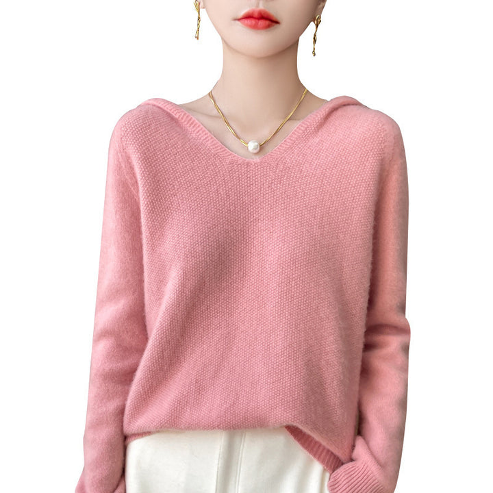 Damen Weicher Mohair‑Optik Kapuzenpullover mit V‑Ausschnitt und geripptem Saum Echoarchiv