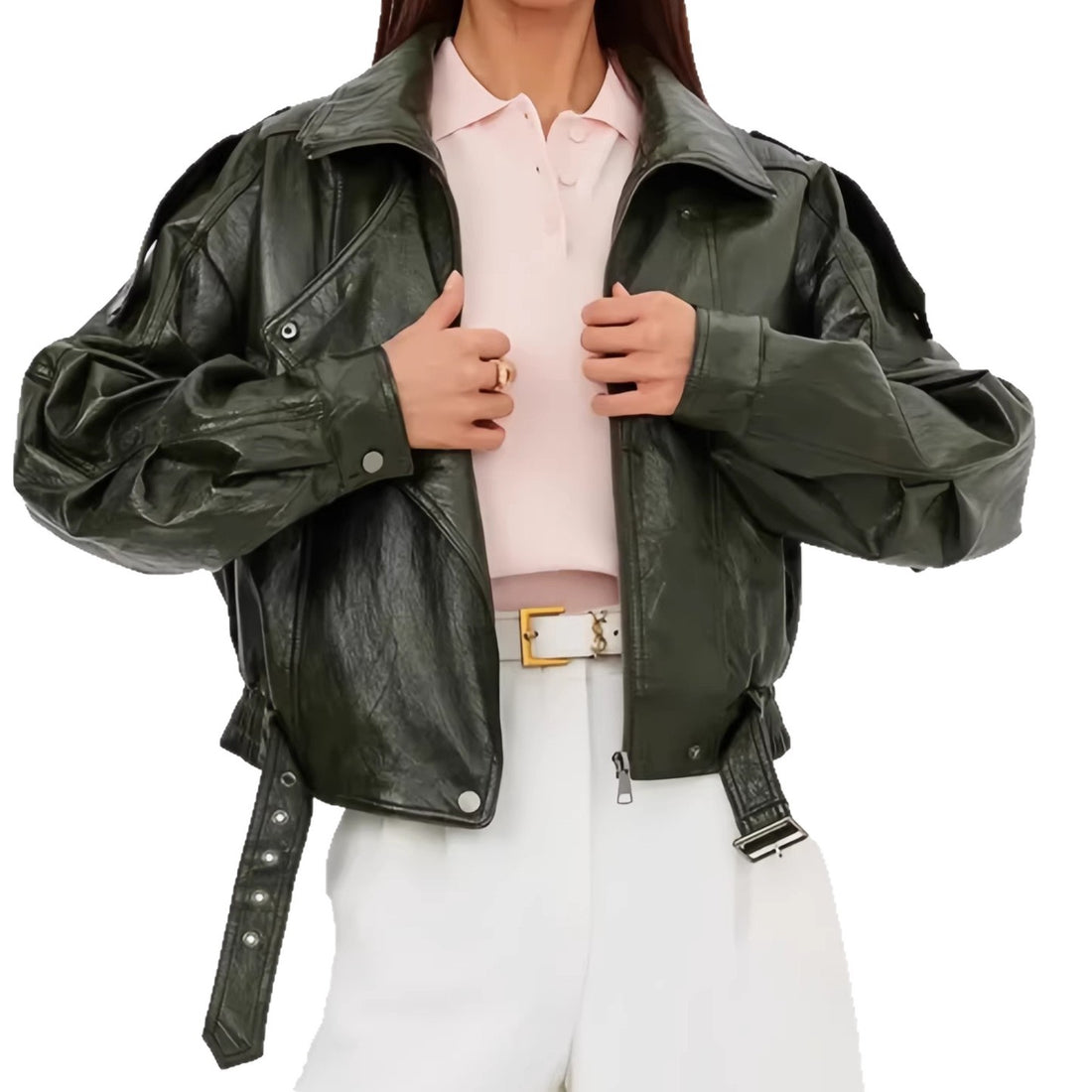 Damen Modische Lederjacke mit Hüftgürtel – Velloura