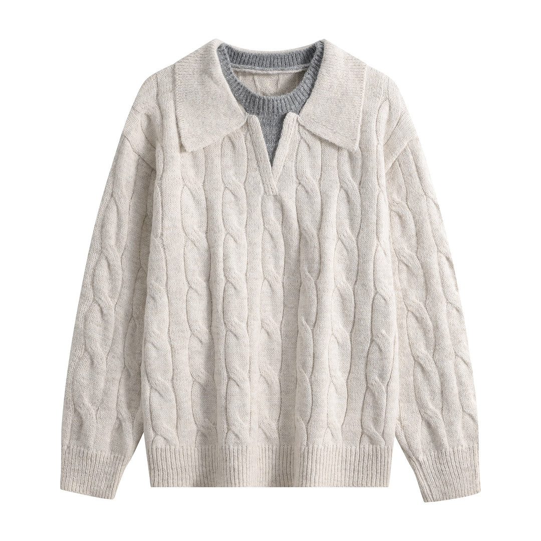 Damen Oversize Grobstrick-Pullover mit Polokragen und Zopfmuster Echoarchiv