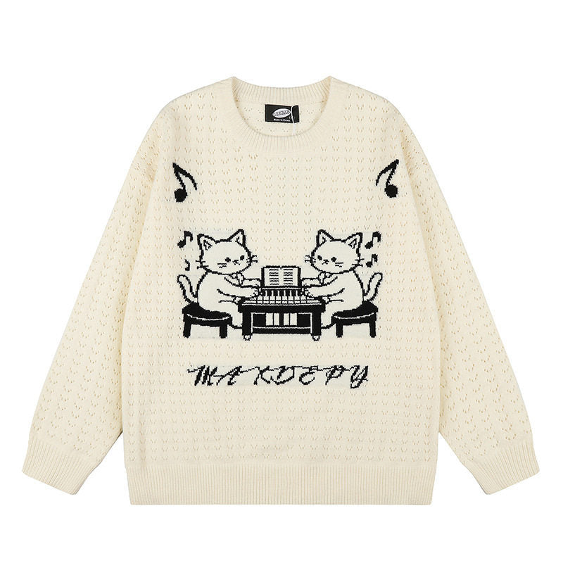 Damen Oversize Strickpullover mit Jacquard-Katzenmotiv und musikalischem Design Echoarchiv