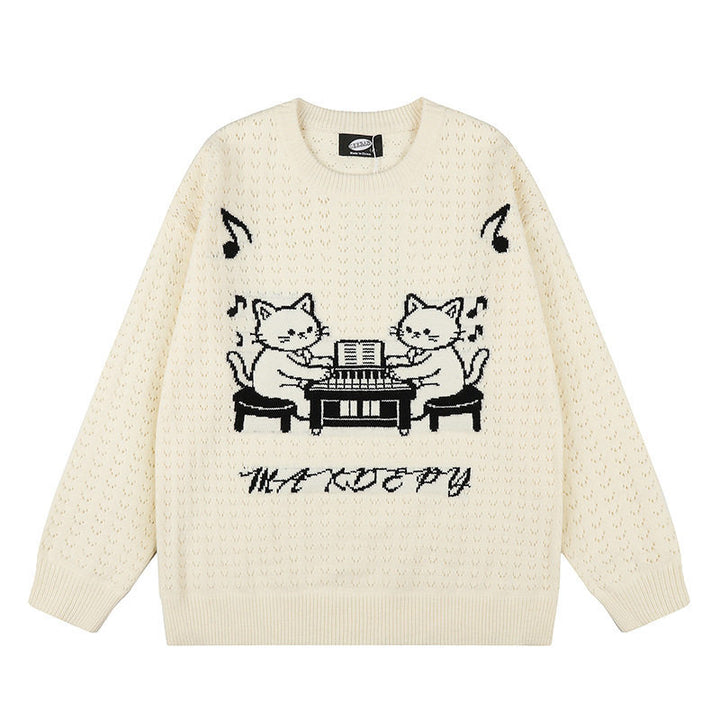 Damen Oversize Strickpullover mit Jacquard-Katzenmotiv und musikalischem Design Echoarchiv