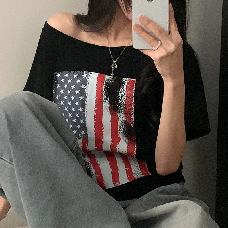 Damen lässiges T-Shirt mit amerikanischem Flaggen-Design und weichem Baumwollmaterial Echo Archiv