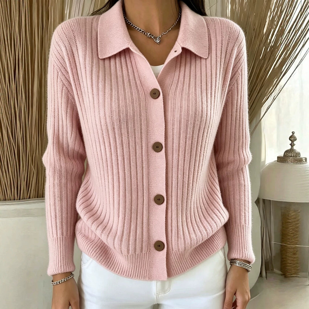 Damen Feiner gerippter Knopf‑Cardigan mit Hemdkragen und kastiger Silhouette – Veloura