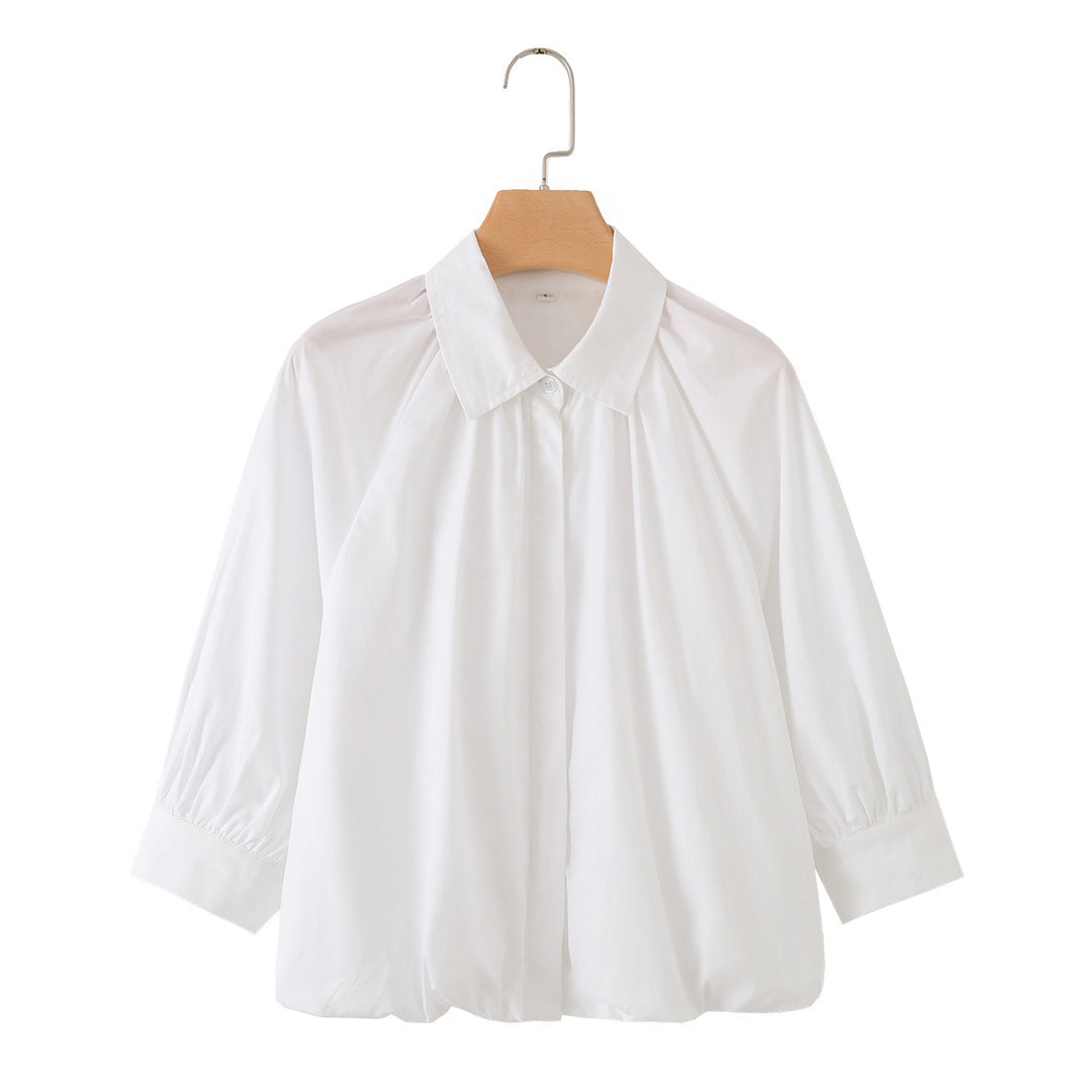 Damen Weites Blusenshirt mit Kellerfalten Ballonärmeln und Hemdkragen Echo Archiv