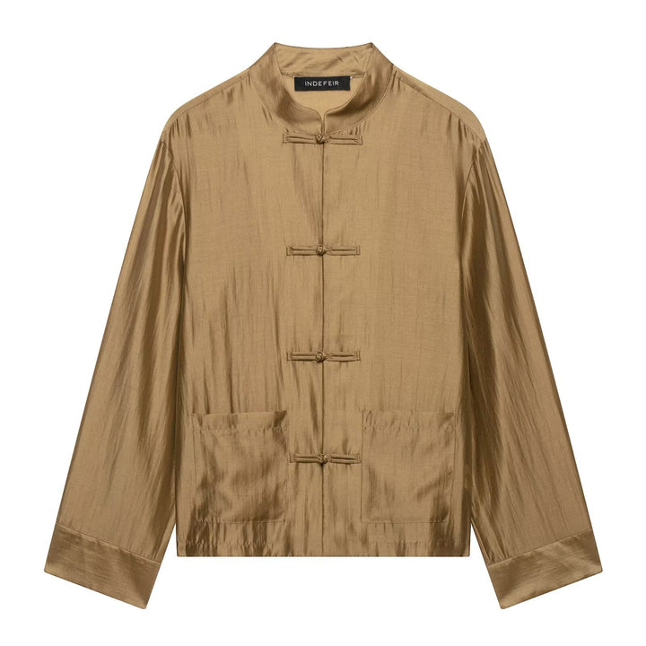 Damen Chinesisch-inspirierte Hemdjacke mit Stehkragen und Knotenknöpfen Echo Archiv