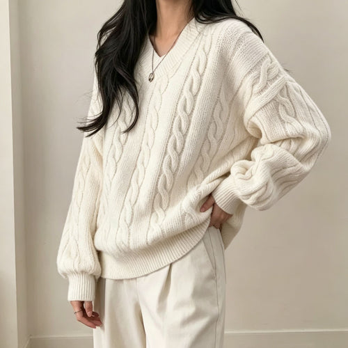 Damen Oversize Zopfmuster V-Ausschnitt Strickpullover mit überschnittener Schulter – Mavelle
