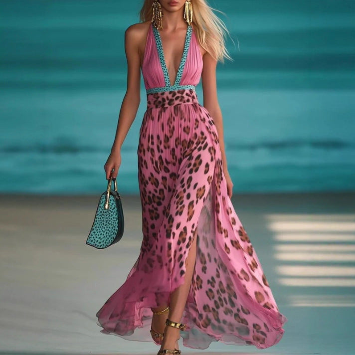 Damen nan Maxikleid mit tiefem V-Ausschnitt, geflochtenem Halter, Leopardenprint, plissiertem Chiffonrock und seitlichem Beinschlitz Echo Archiv