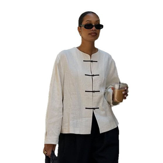 Damen Boxy Leinenbluse mit Knebelverschlüssen und asymmetrischem Saum Echoarchiv
