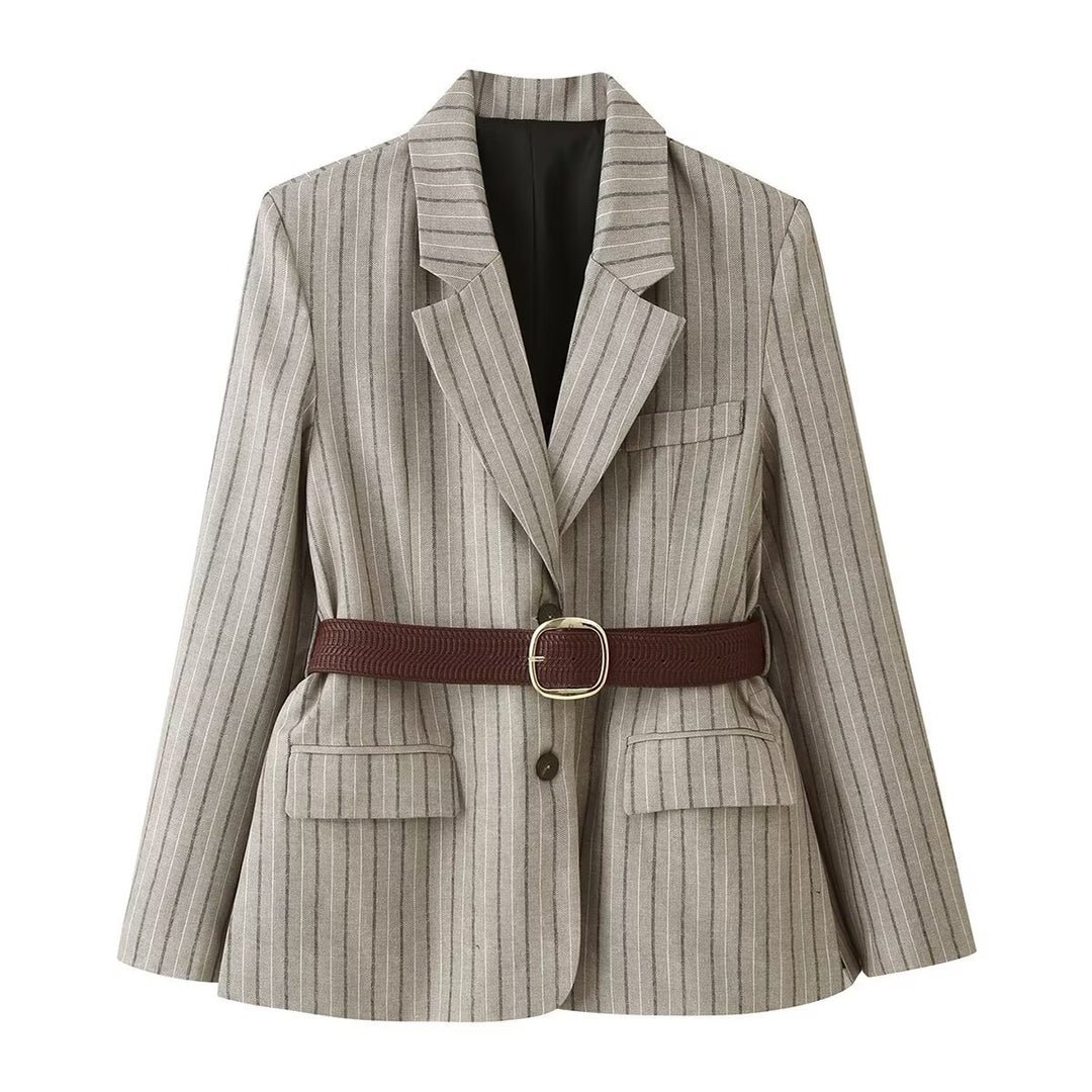Damen Taillierter Leinenmix-Blazer mit Nadelstreifen, Pattentaschen und Taillengürtel-Detail Echo Archiv