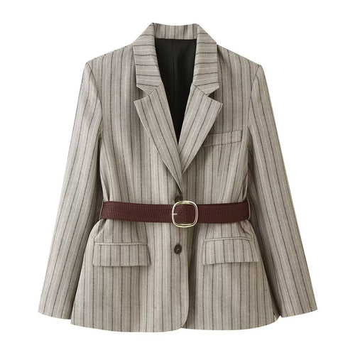 Damen Taillierter Leinenmix-Blazer mit Nadelstreifen, Pattentaschen und Taillengürtel-Detail Echo Archiv