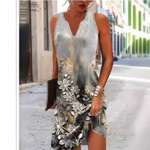 Damen, lässiges Sommerkleid mit V-Ausschnitt und asymmetrischem Saum Echoarchiv