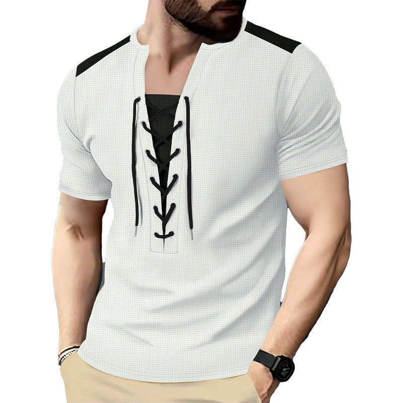 Herren Kurzarm-Henley-Oberteil mit einzigartigem Schnürdesign Echoarchiv