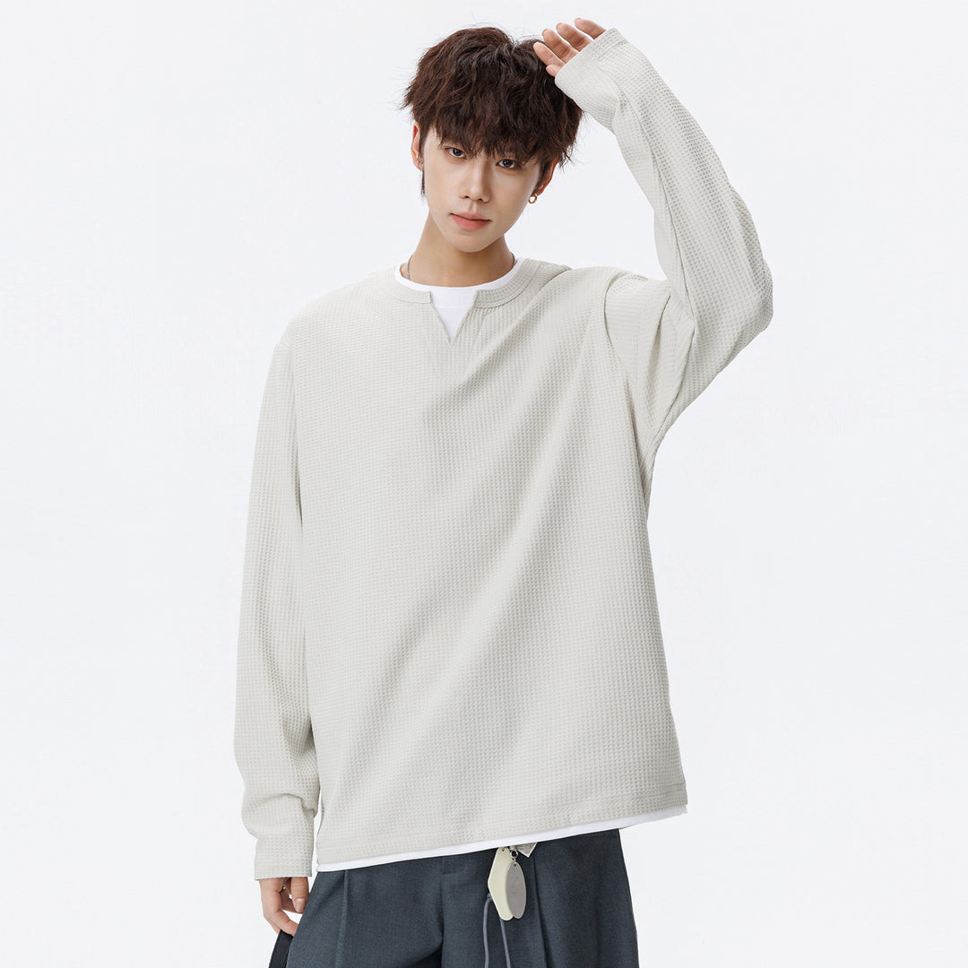 Herren Oversized Waffelstruktur-Sweatshirt mit V-Ausschnitt und Lagenoptik Echo Archiv