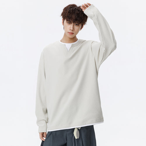 Herren Oversized Waffelstruktur-Sweatshirt mit V-Ausschnitt und Lagenoptik Echo Archiv