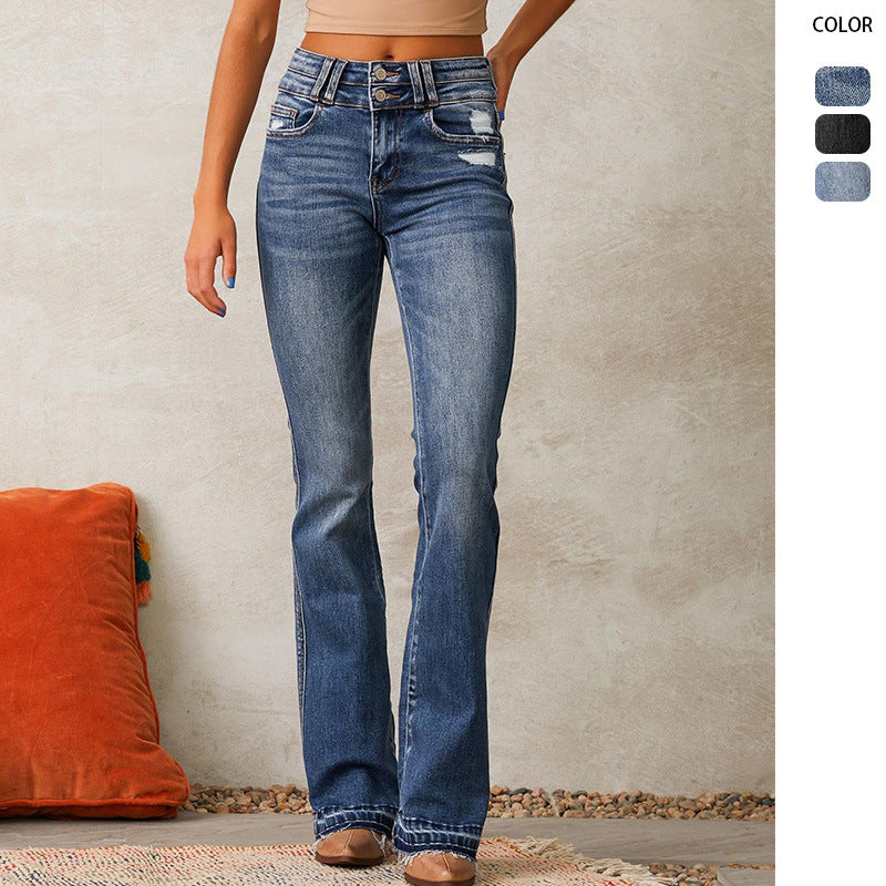Damen nan hochtaillierte Vintage-Bootcut-Jeans mit doppelter Knopfleiste, leichtem Destroyed-Detail und ausgefranstem Saum Echo Archiv