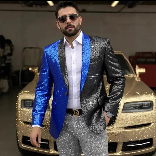 Herren Glänzender Pailletten-Blazer mit kontrastierenden Farben Echoarchiv