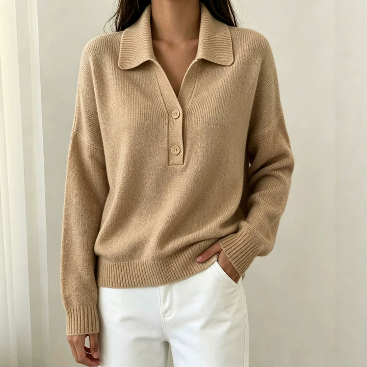 Damen Polokragen-Pullover mit halber Knopfleiste und geripptem Saum – Mavelle