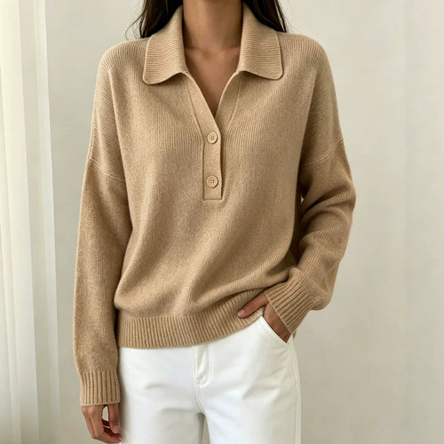 Damen Polokragen-Pullover mit halber Knopfleiste und geripptem Saum – Mavelle